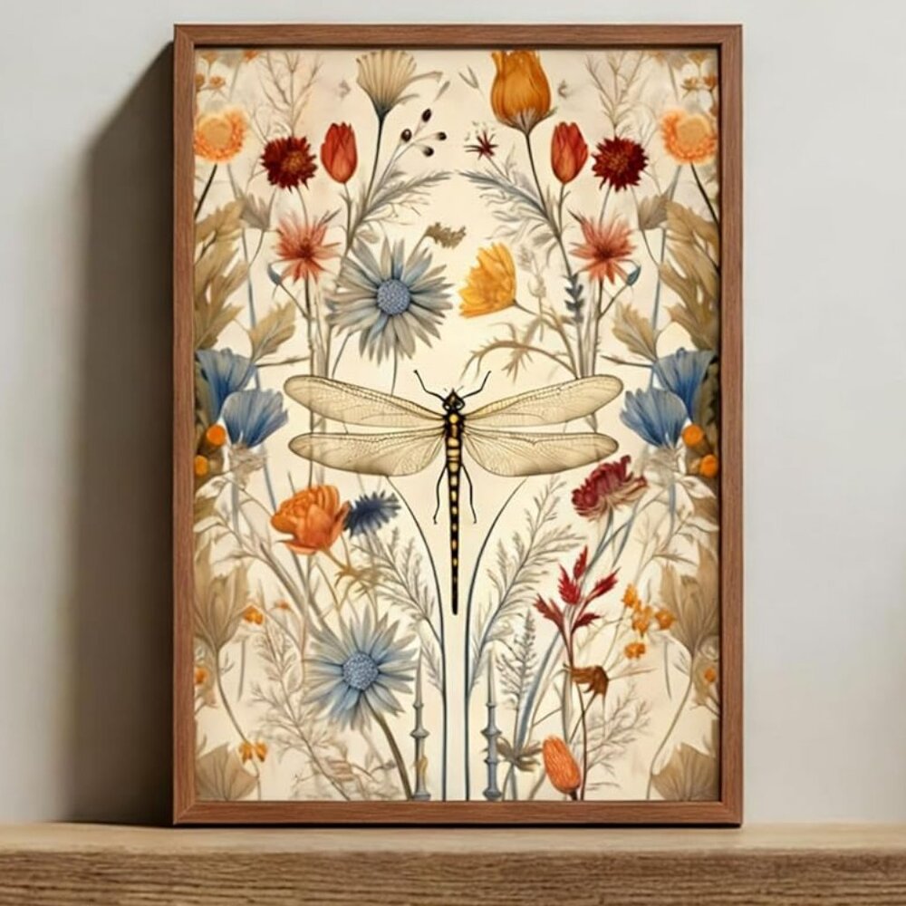 Dragonfly Botanical Floral Wall Decor Framed Canvas Boho Bohemian Farmhouse‎